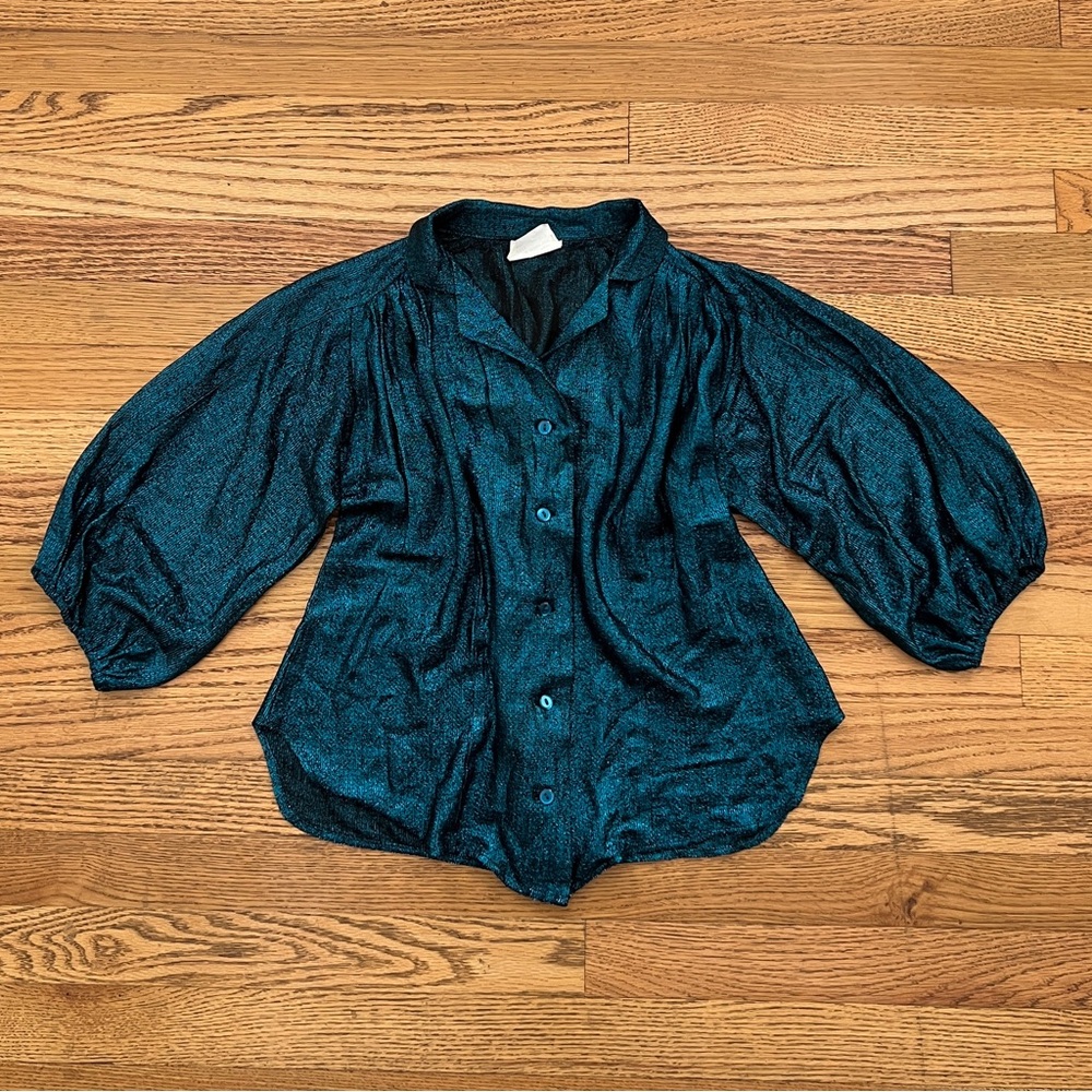 80s Teal / Blue Metallic Shimmer Button Up Blazer Blouse Top